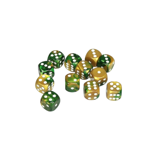 Gold-Green w/white Gemini™ 16mm D6 with pips Dice Blocks™ (12 Dice)